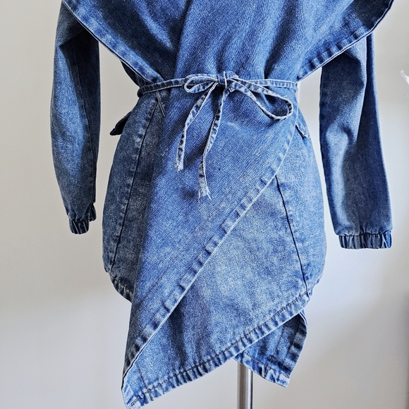 90s Madein Dark Wash Denim Avant Garde Dramatic Shawl Collar Hooded Wrap Jacket - Picture 11 of 16